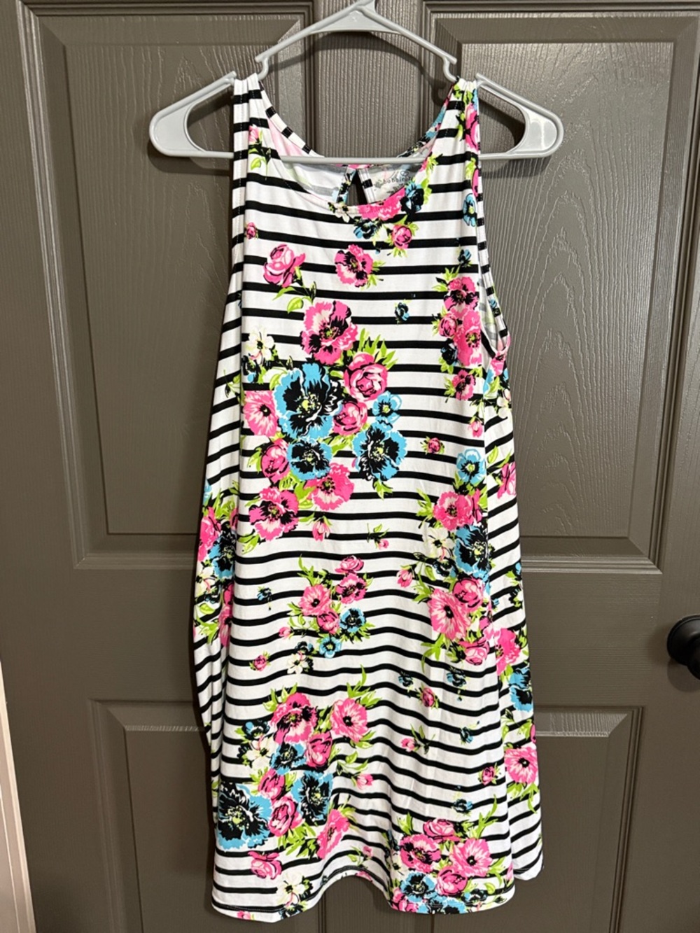 Bobbie Brooks Black & White Striped Midi Dress with Pink & Blue Floral Print